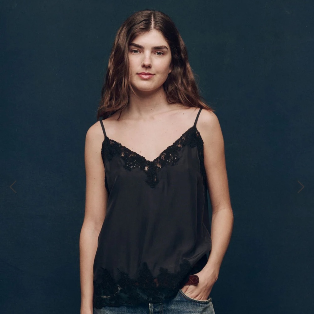 THE GREAT. Black Silk Lace-Trim Cami